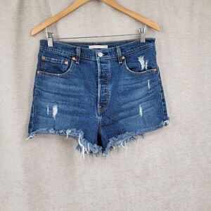 Levi's Premium Ribcage Denim Distressed Womens Blue Jean Shorts Cut Offs Size 31